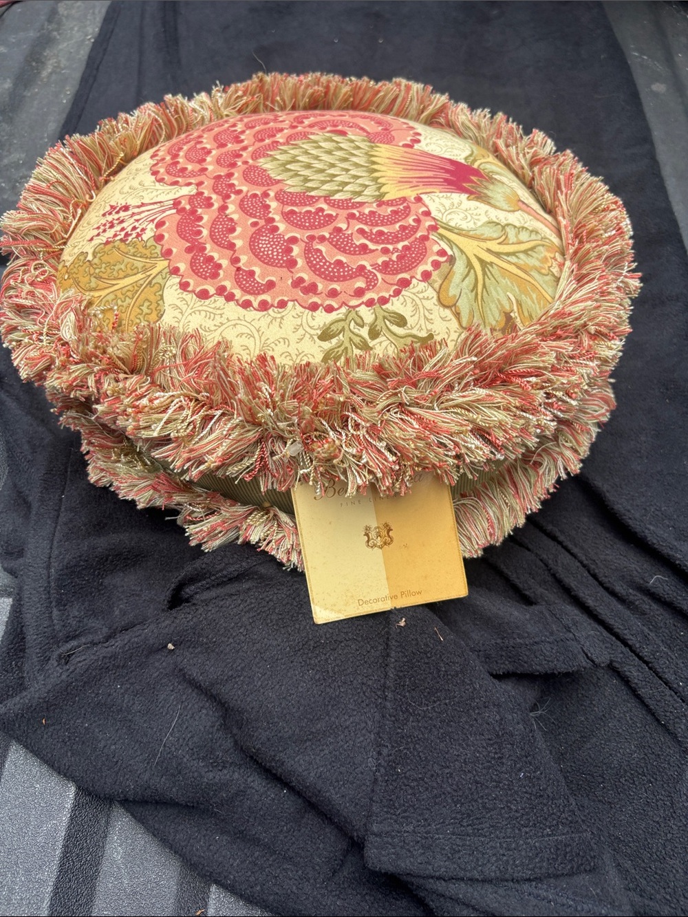 Decorative Round Fringe Accent Pillow in Coral and Cream Bella Rosa NWTs.